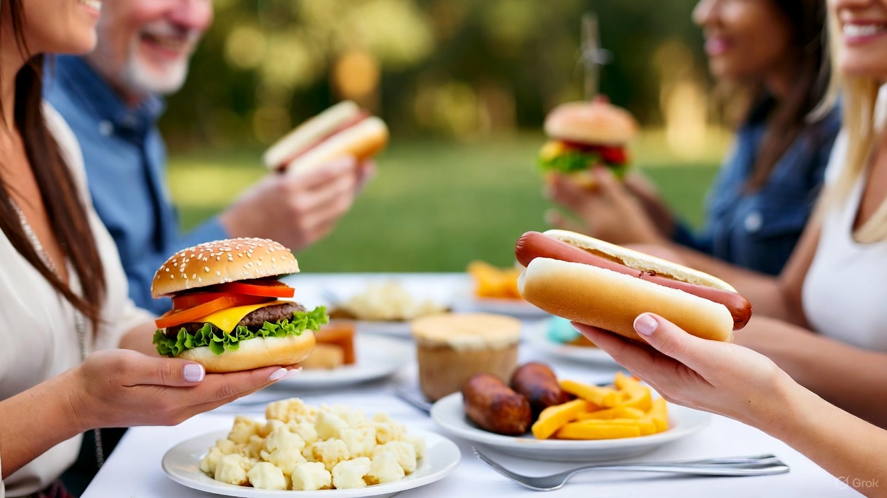 Illustration of various festival foods like burgers and fries